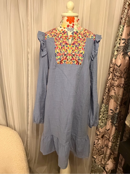kirundo Dresses & Skirts - Blue Mini Dress with Colorful Embroidered Yoke